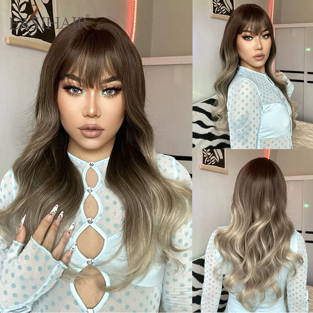 

EASIHAIR Ombre Brown Blonde Long Wavy Synthetic Wigs with Bangs Natural Gray Ash Hair Wig for Women Daily Cosplay Heat Resistant