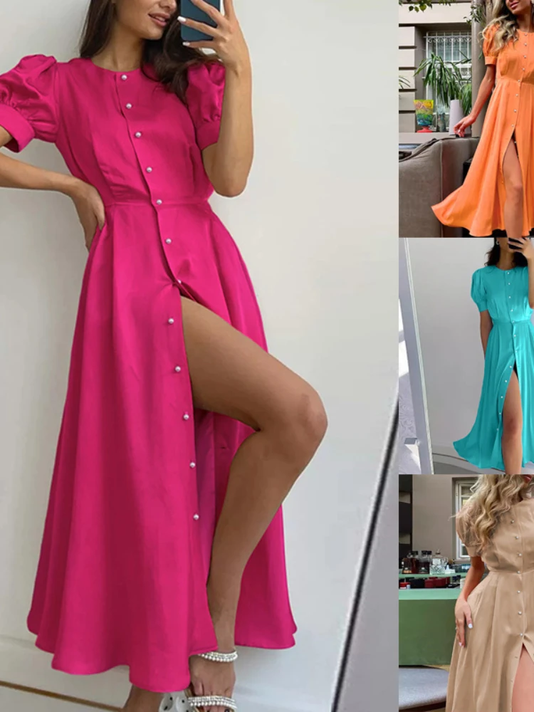 

Summer Dress New In Fashionable Printed Temperament Elegant Lantern Sleeve High Waist Split Mid Length Sexy Dress for Women