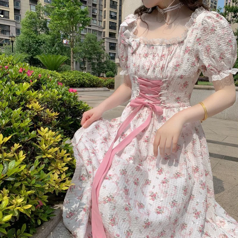 

Floral Dress Women Lace Up Korean Princess Fairy Sweet Midi Dress Bandage Chic Designer Puff Sleeve Casual Dress SummerG92