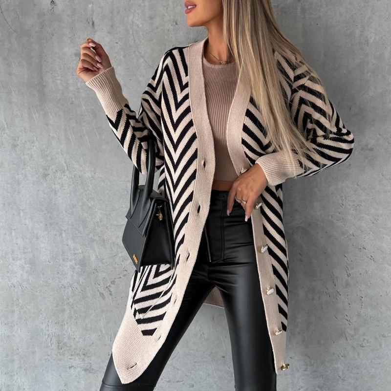 

Women Single-breasted Slim Knitted Sweater Fashion Casual Striped Loose Cardigans Autumn O Neck Long Sleeve Rib Midi Knitted Top