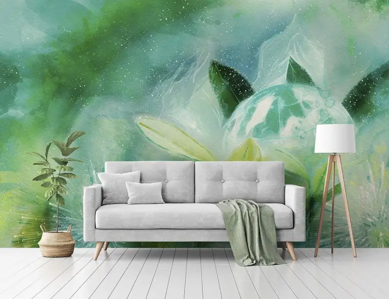 

Wallpaper with Green planet, watercolor, ecology, Wall Mural, Removable Wallpaper, Self Adhesive, Peel and Stick, Wall Decor