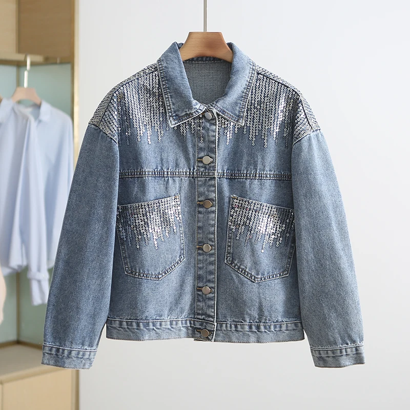 Женская короткая джинсовая куртка с блестками свободная винтажная на пуговицах