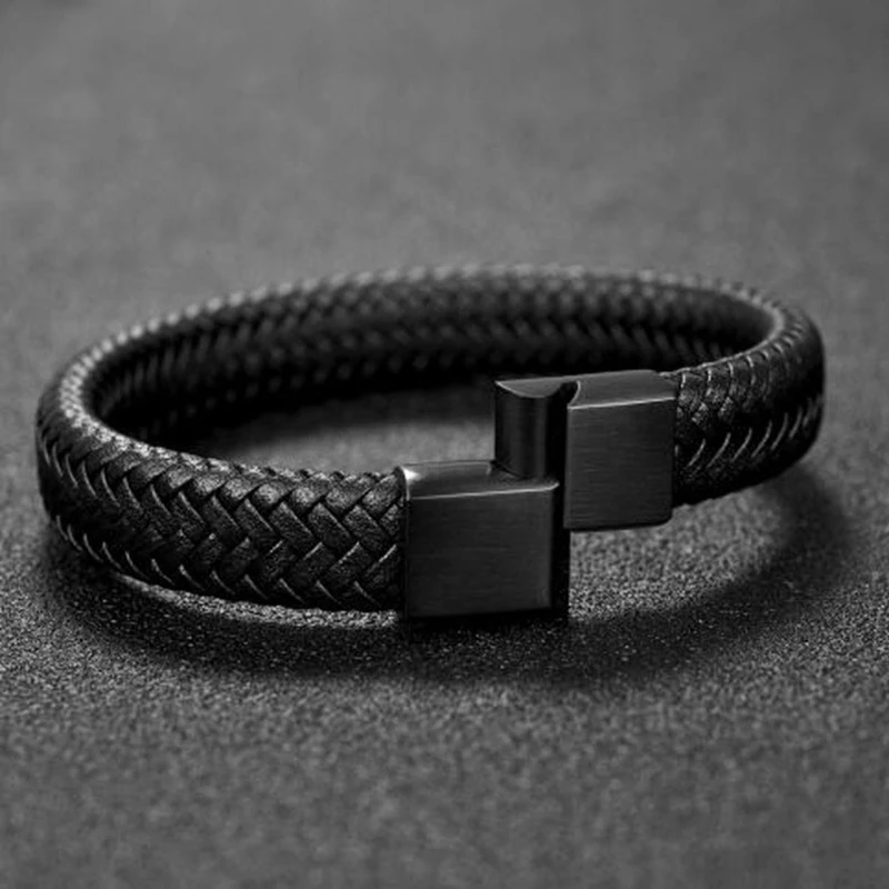 

Simple Classic Black Woven Leather Wrap Bracelet Men's Metal Magnetic Buckle Bracelet Birthday Gift