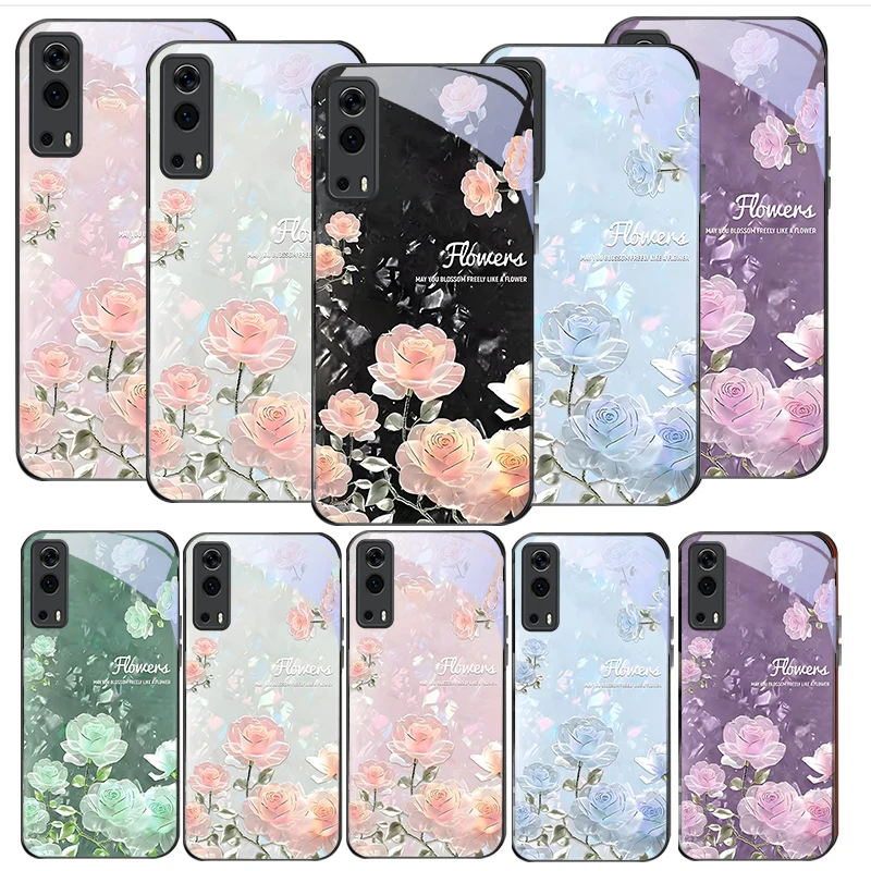 Фото Чехол для телефона из черного стекла Night roses bloom freely для Vivo Y100 Y33s Y03 Y36 Y35 Y52 Y72 Y55 Y16 Y76 Y75 Y72 5G iQOO 12 Z9 Turbo №1