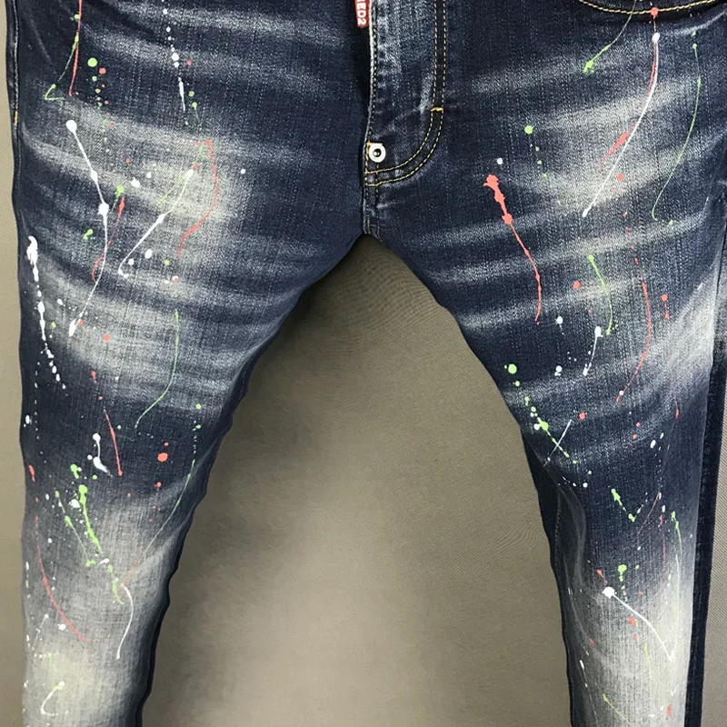 Streetwear Fashion Men Jeans High Quality Stretch Slim Fit Ripped Printed Jeans Men Painted Designer Hip Hop Brand Pants Hombre