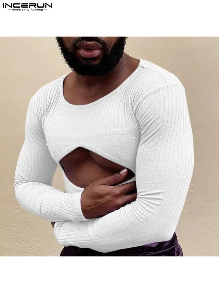 

Men T Shirt Solid Color Round Neck Long Sleeve Hollow Out Streetwear Sexy Skinny Men Clothing 2022 Casual Camisetas INCERUN