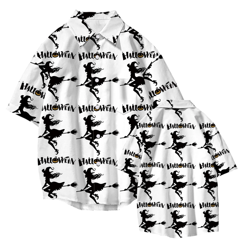 Men Vintage Shirts 2022 Summer New Hawaiian Short Sleeve Tops Halloween Witch Cartoon Printed Beach Casual Oversized Clothing