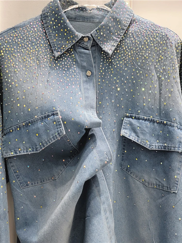 Женская джинсовая рубашка с бриллиантами DEAT свободная однобортная голубая