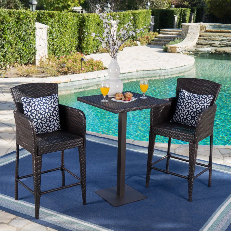 

Leroy Outdoor 3 Piece Square 26 Inch Wicker Bar Set, Multibrown