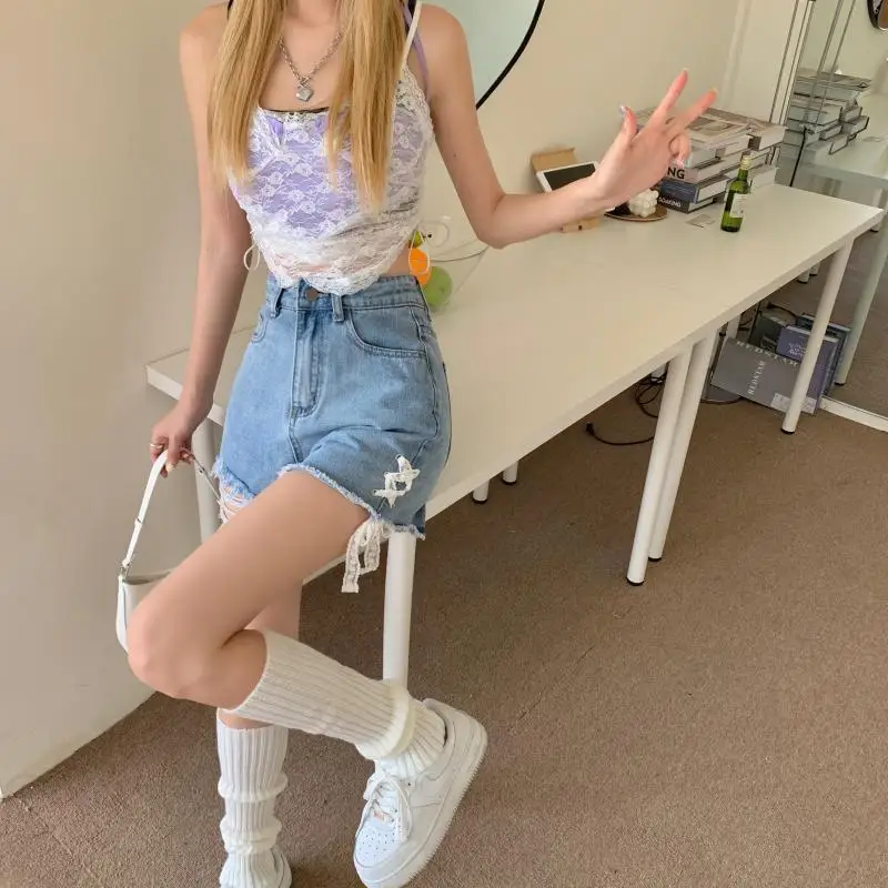 Hottie Denim Shorts Summer Women High Waist Thin Wide Leg Pants Bowknot Hot Girl Sexy Jeans Slim Casual Street Fashion Clothing