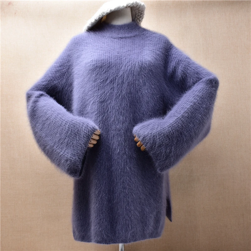

Female Women Fall Winter Clothing Thick Warm Angora Rabbit Hair Knitted Turtleneck Long Flare Sleeves Loose Pullover Sweater Top