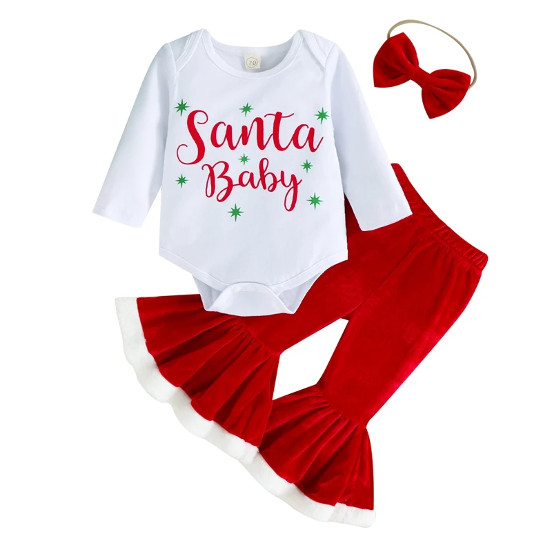 

Christmas baby clothes new born Girl Pants Suit Long Sleeve Round Neck Romper Shirt Bell-Bottoms Trousers Headband ropa bebe