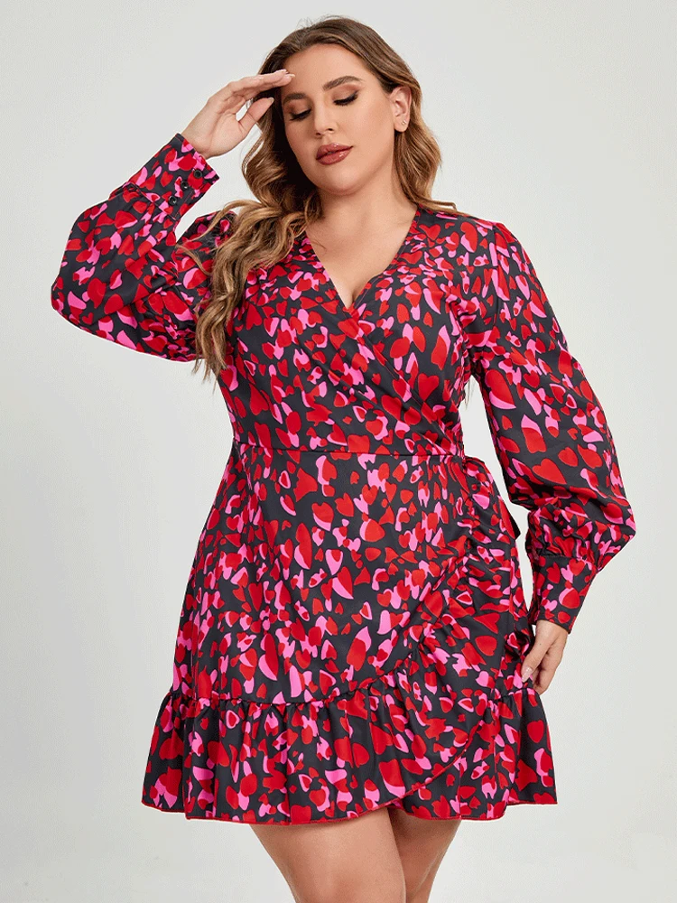 

Plus Size Summer Dresses Woman 2022 Fashion V Neck Long Sleeve Heart Print Ruffles Short Mini Dress Holidays Beach Dresses