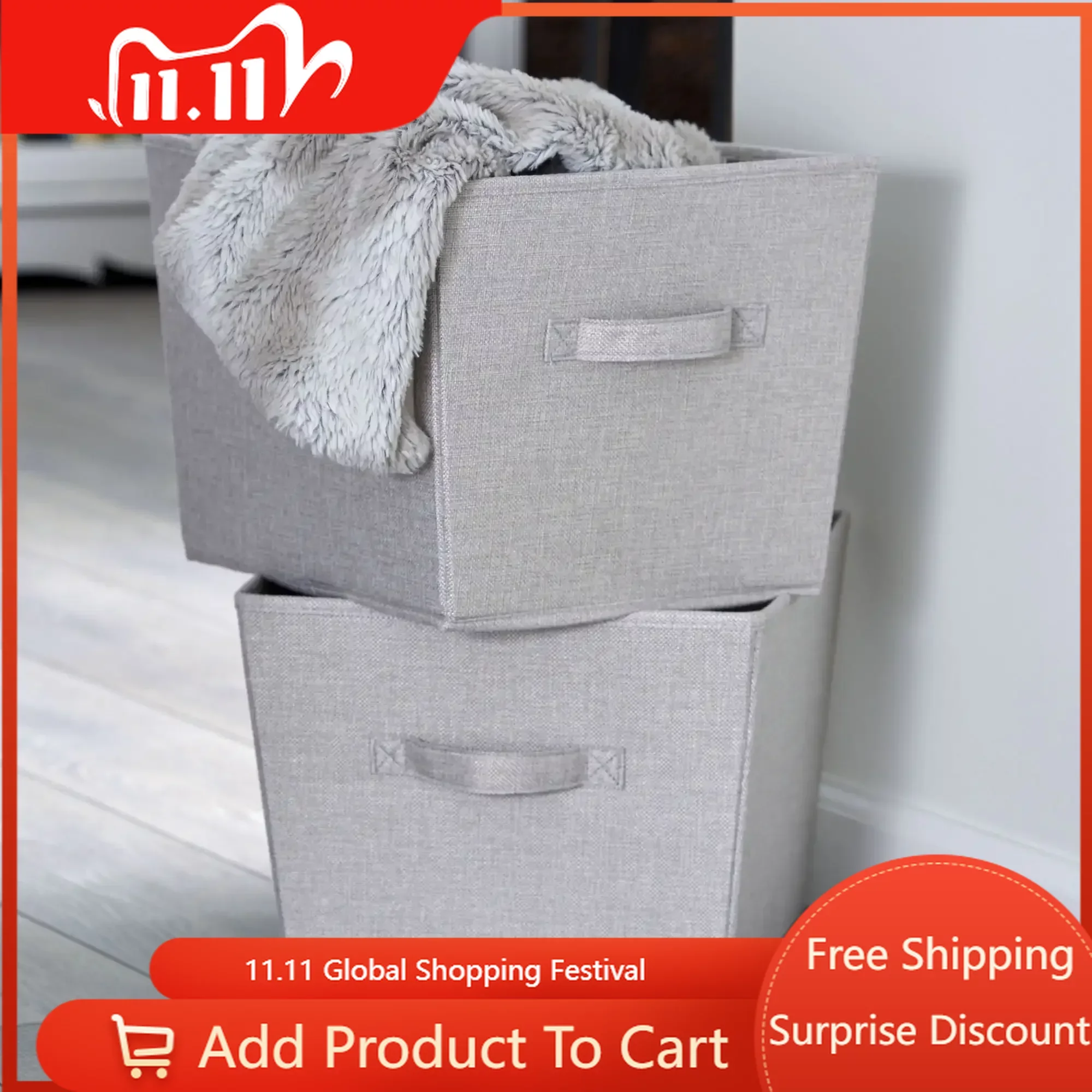 

Free Shipping Medium Fabric Storage Bin with Handles, Set of 2, Silver Linen