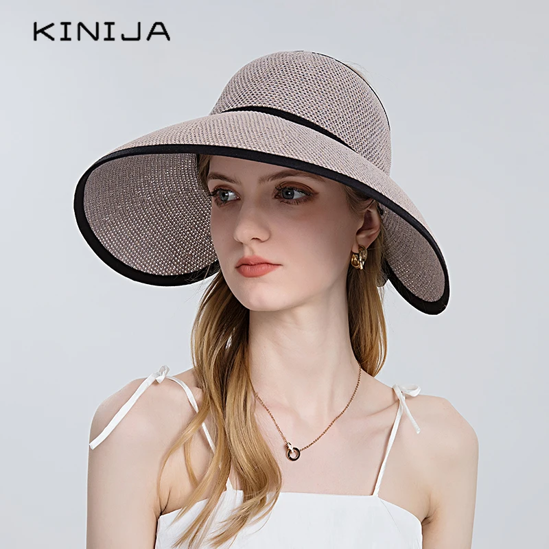 New Women Summer Large Brim Straw Hat Floppy Visor Wide Brim Sun Cap Bowknot Foldable Hat Beach UV Protection Cap Oversized