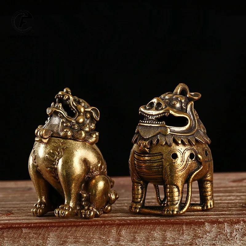 Antique Mythical Beast Figurines Small Incense Burner Retro Brass Hollow Incense Holder with Cover Home Decors Sandalwood Censer images - 6