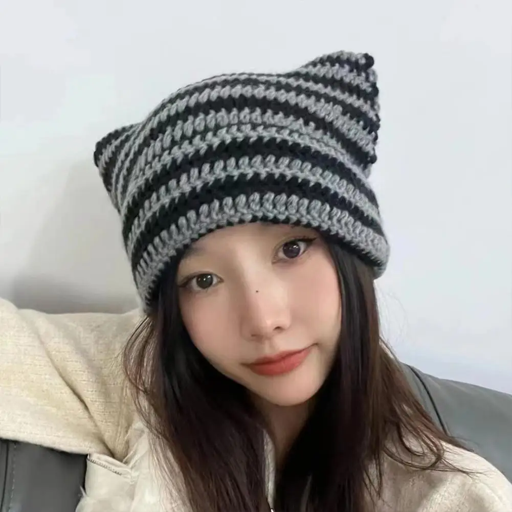 2023 Beanie Hat For Women Little Devil Striped Knitted Wool Cap Autumn And Winter Cute Ears Warmer Bonnet Casual Mens C R2a3 images - 6