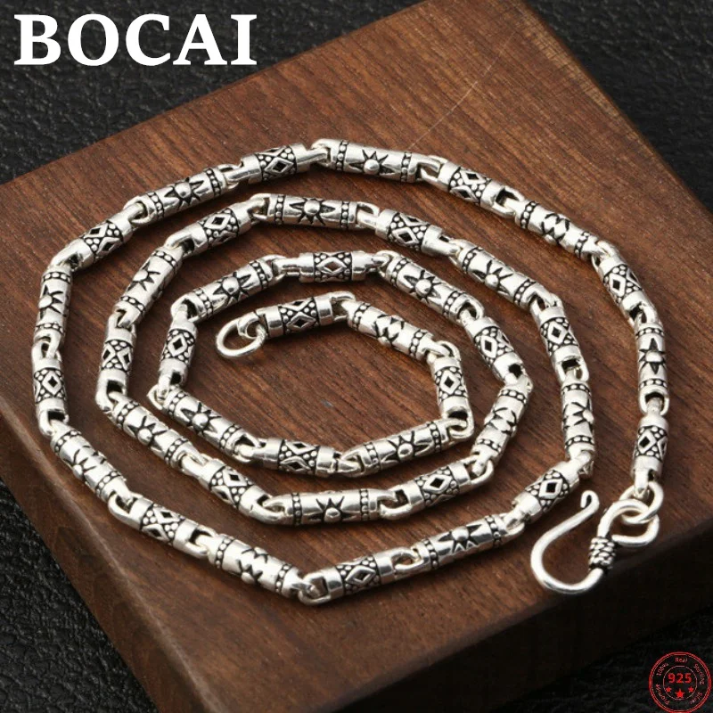 BOCAI 4mm Thick Cylinder Chain S925 Sterling Silver Classic Vintage Geometric Patterns Men's Necklace Pure Argentum Jewelry