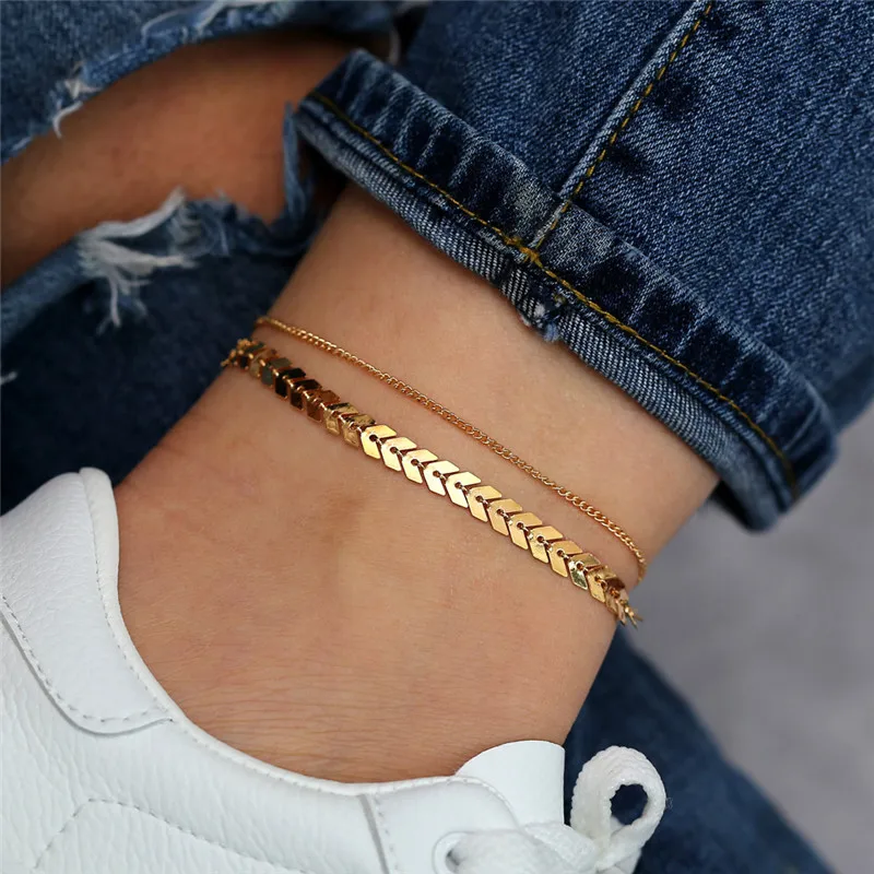 

WUKALO Bohemian Vintage Double Layers Anklets For Women Gold Color Summer Ocean Beach Ankle Bracelet Foot Leg Chain Jewelry