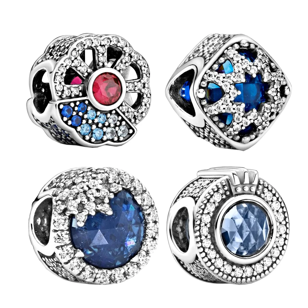 

925 Silver Blue Flat Ocean Heart Pendant DIY Bracelet Necklace Fit for Pandora Women Birthday Party Romantic Jewelry Gift
