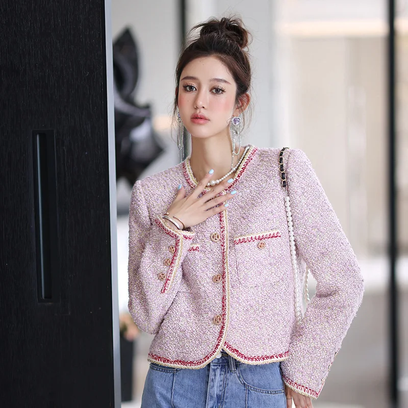 

Pink Color Woolen Tweed Women Winter Coat Jackets Full Sleeves Pockets Elegant Formal Office Lady Clothing Veste Femme