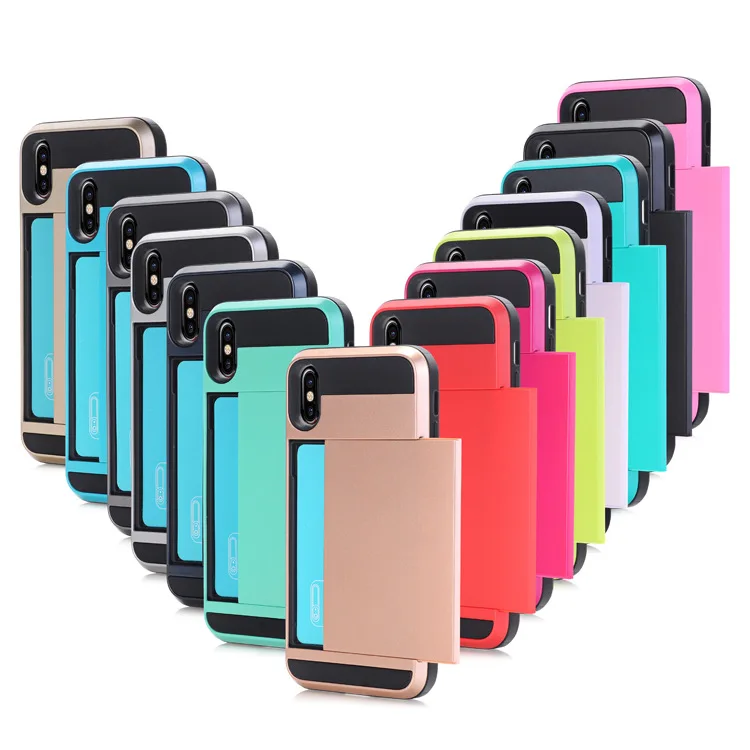 

10pcs Slide Card Holder Protective PC + TPU Hybrid Back Phone Case for iPhone 14 13 12 Pro Max Plus Mini 11 X XS XR 8 7 Cover