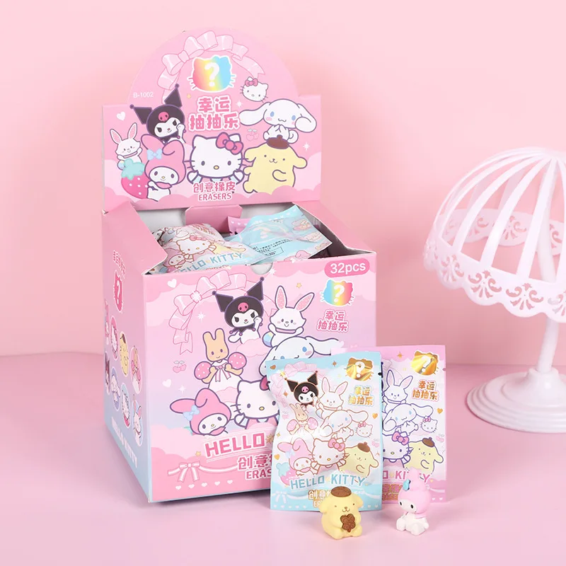 

32pcs Sanrio Blind Box Doll Eraser Cartoon Cute Hello Kitty My Melody Kuromi Eraser Mystery Box Student Stationery Birthday Gift