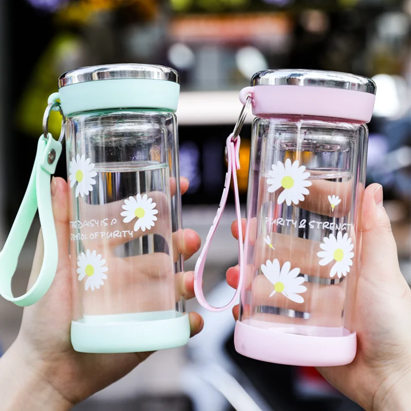 

Little Daisy Lovely Outdoor Student Double Glass Cup Household Tea Cup Creative Portable Water Cup Female Gift