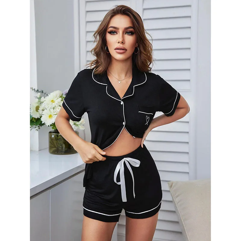 Women's Sleepwear 2 Pcs Sets Cotton Black Sleepwear Short Sleeve Button Shirt and Pants Pajamas Set