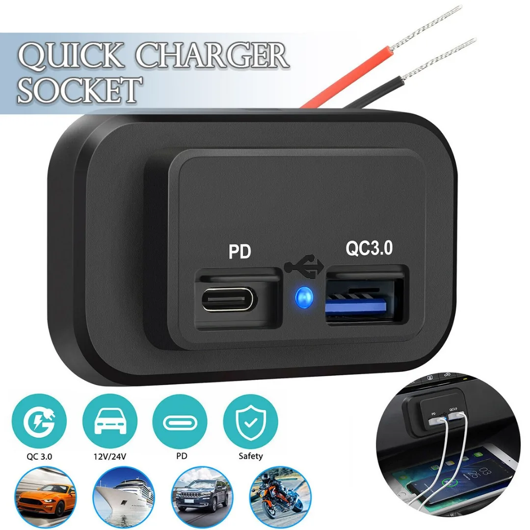 

1pc 12-24V 4.8A Dual USB PD QC3.0 Car Boat RV Fast Charger Socket LED Power Outlet Cars Mobile Phone Chargers Sockets