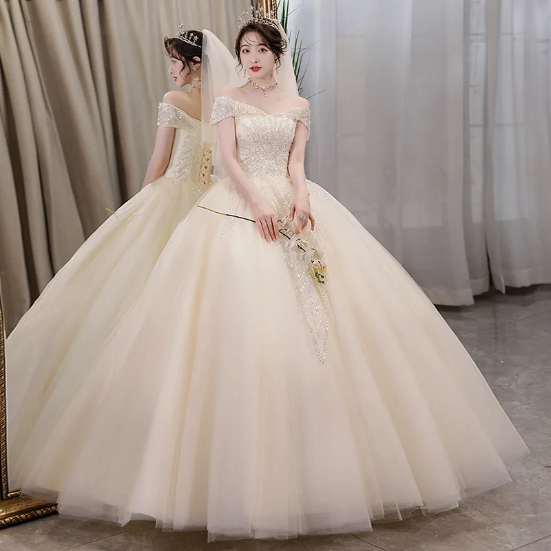 

Light Primary Wedding Dress 2023 New Bridal Champagne Super Fairy Fantasy Mori Temperament off-Shoulder Floor-Length Simple