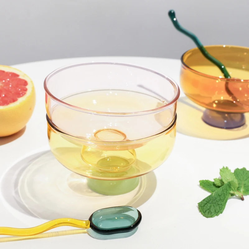 

Stained Glass Transparent Goblet Bowl Spoon Set High Borosilicate Glass Bowl Fruit Salad Dessert Bowls Household Tableware