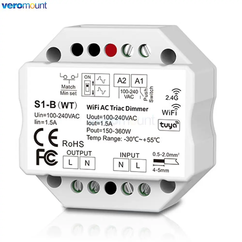Фото Skydance 1CH * 1,5A WiFi + RF + Push AC Диммер с фазовым вырезом S1-B (WT) Диммер триака Tuya APP Облако/голосовое управление S1-B WT Светодиодный контроллер №2