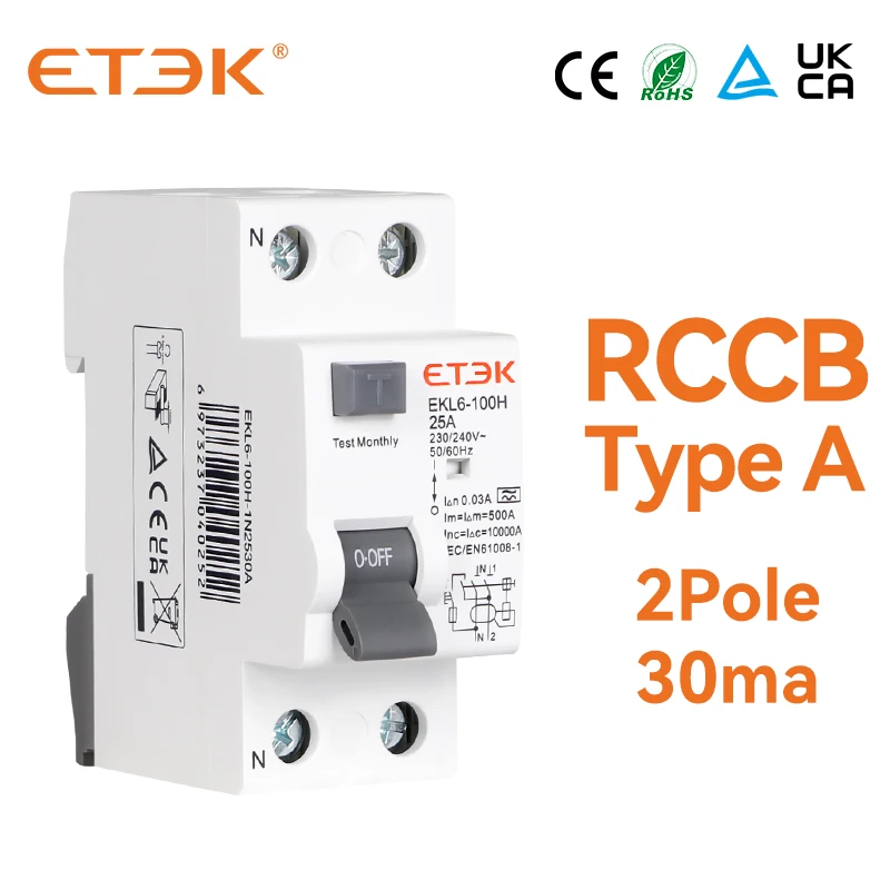 

ETEK EKL6 30ma RCD RCCB 2 Pole Type A 10KA 1P+N 2P 25A DC 230V Electromechanic Residual Current Circuit Breaker Leakage Curren