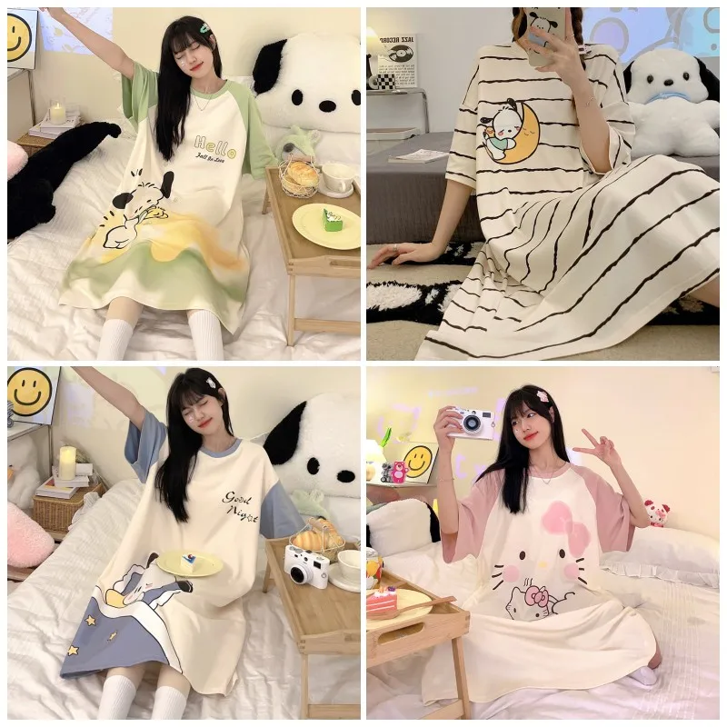 

Cartoon Kawaii Pajamas Female Spring Autumn Cinnamoroll My Melody Pochacco Korean Striped Casual Wind Tracksuit Loose Long Skirt