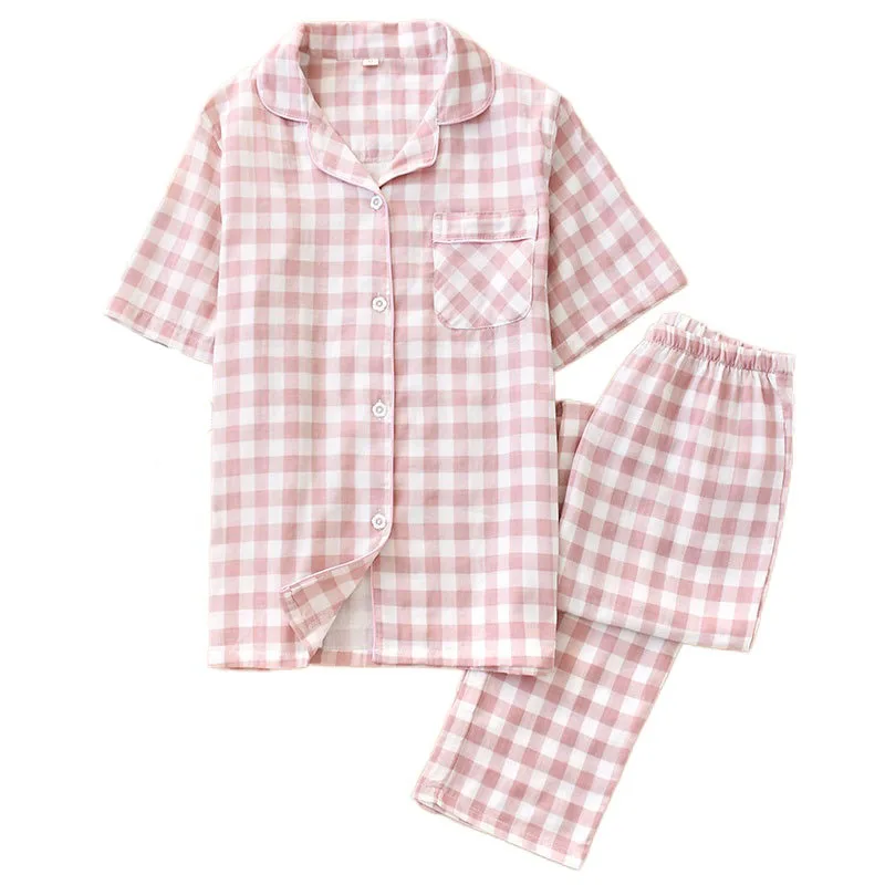 

Новинка, летние брюки с коротким рукавом для пары, клетчатый костюм для дома, Хлопковая пижама для мужчин и женщин, свободный Пижамный костю...