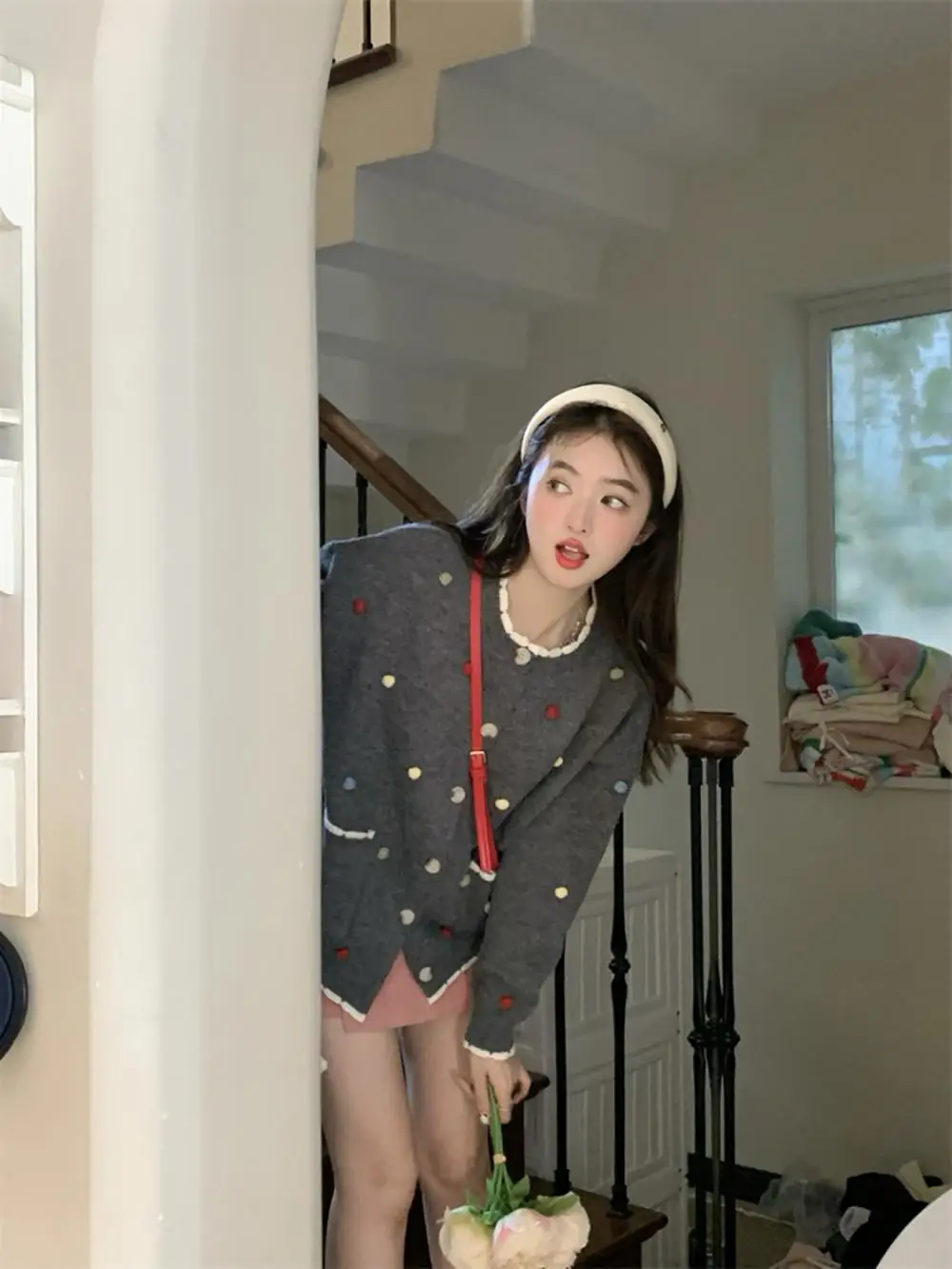 Fan Wenwen милый воскресный серый контрастный цветной кружевной вязаный кардиган