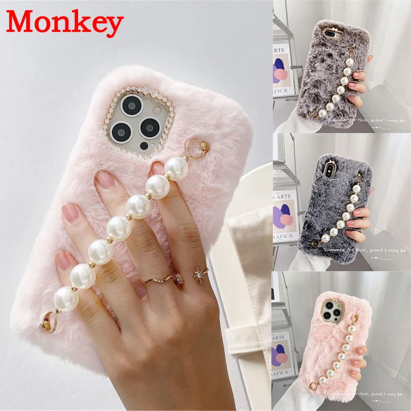 Soft Silicone Plush Fur Pearl Wrist Strap Phone Case For LG G9 G8 G7 G6 G5 G4 G3 Stylo 6 5 K61 V10 V20 V30 V40 V50 V60 K50S Capa