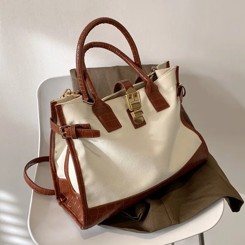 

Toptrends Canvas Large Work Tote Bags For Women 2022 Trend Vintage Designer Female Briefcase Shopper Shoulder Ladies Handbags