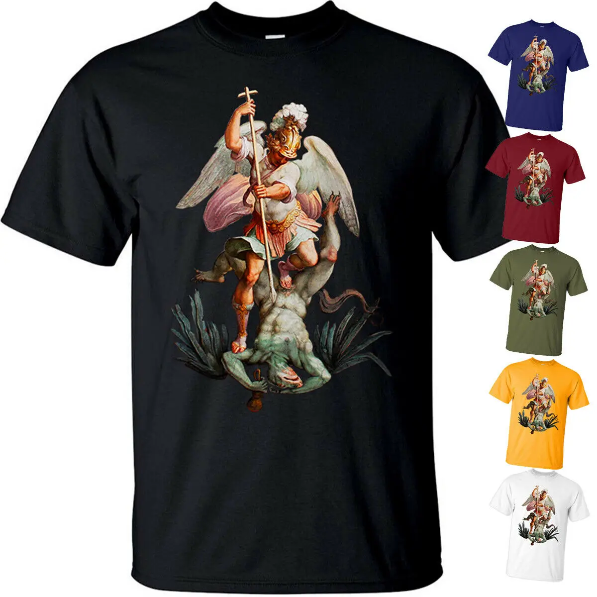 

Saint Michael The Archangel Destroy Devil Catholic T-Shirt. Premium Cotton Short Sleeve O-Neck Mens T Shirt New S-3XL
