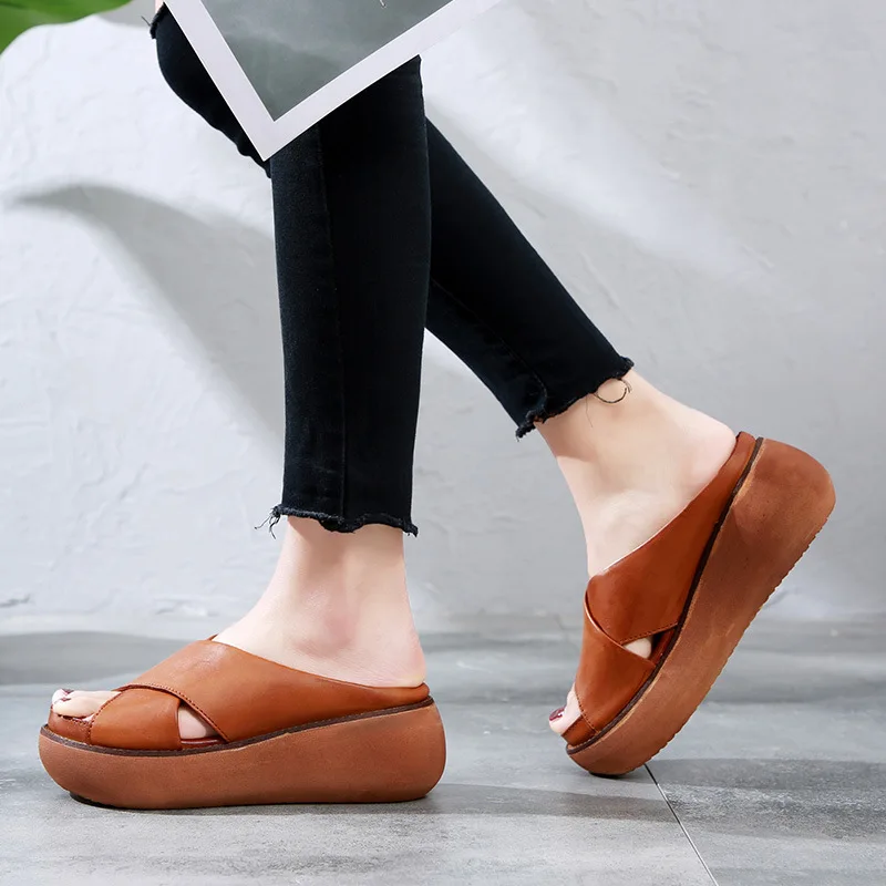 

Genuine Leather Slippers for Women Outerwear Summer Retro Vintage Girls Shoes Casual Platform Slippers Slides Beach Flip Flops
