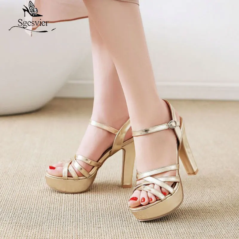 

Sgesvier new 2022 summer shoes for women gold silver white platform block high heels ankle strap women sandals large size 34-43