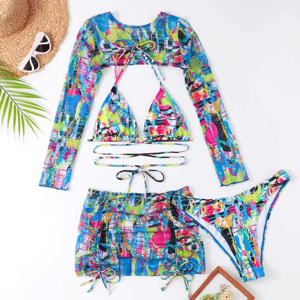 Комплект бикини женский с длинным рукавом и юбкой эффектом пуш-ап