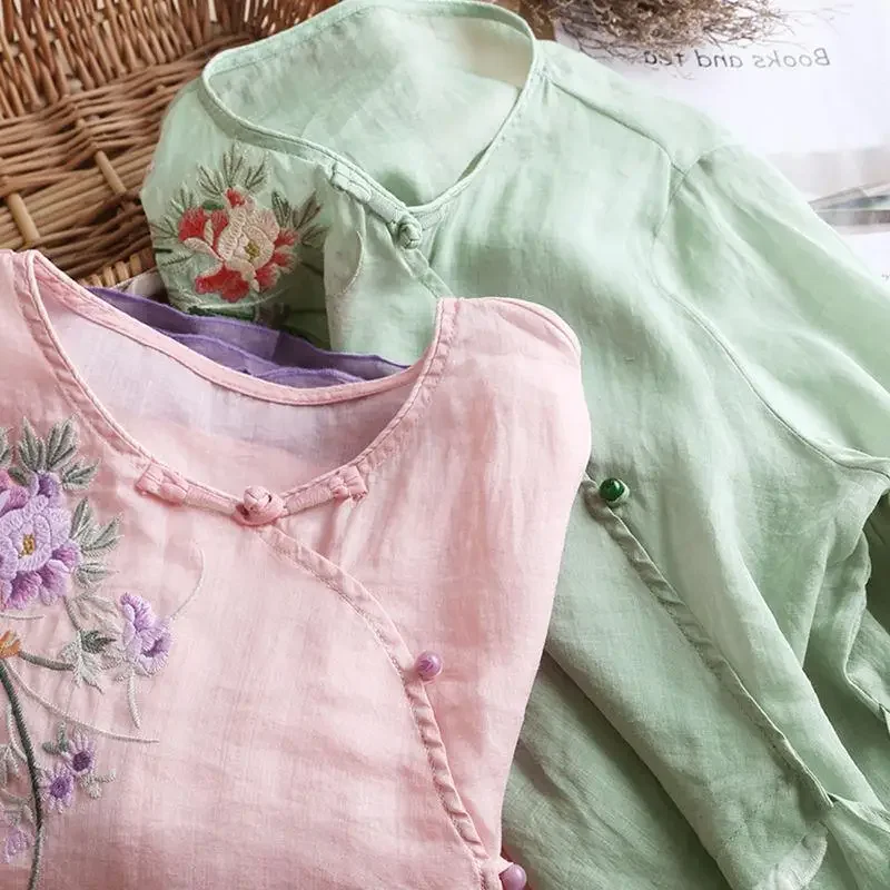 Женская рубашка из хлопка и льна с вышивкой в этническом стиле летнее новое