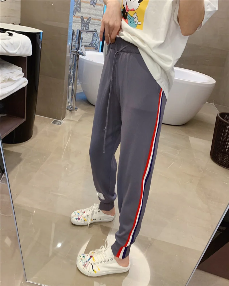 TB color strip ribbon ice silk linen sweat sports wind leggings women's nine-point harem pants spring and summer thin