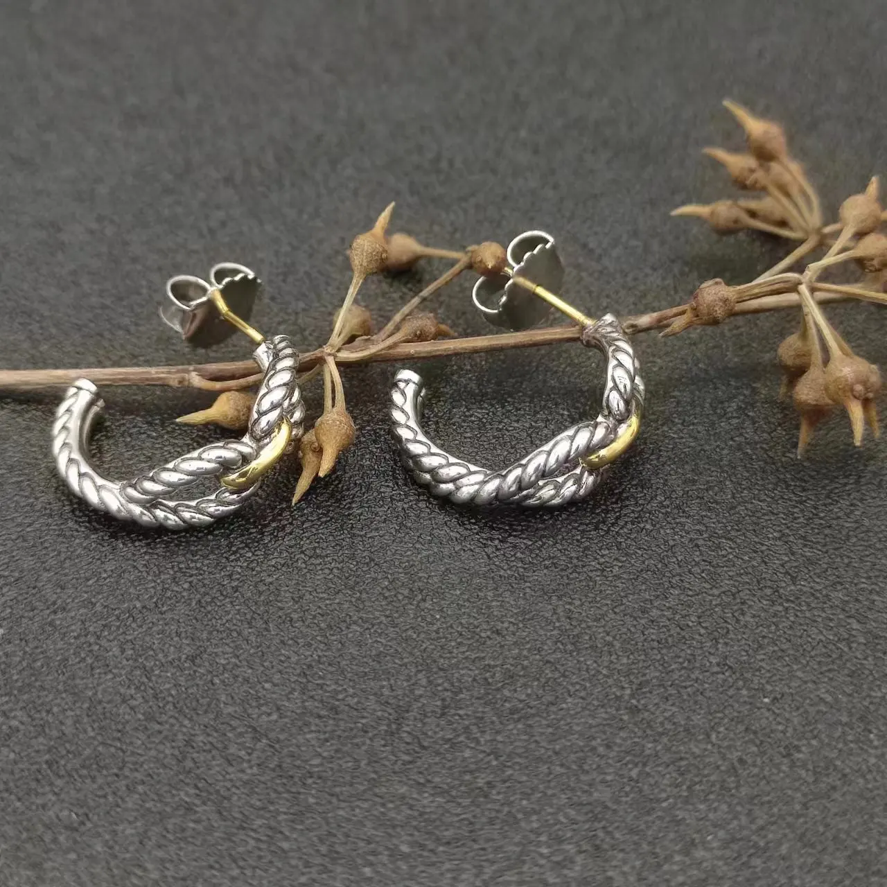 DY David Yurman Gold Hook Twisted Wire Buckle Earrings in Sterling Silver with 14K Yellow PlatedPlated