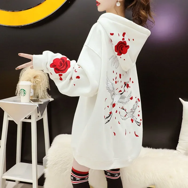 Women Hoodies Chinese Style Embroidery Sweatshirts White Crane and Flower New Fashion East