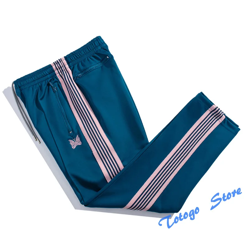 

High Street All-match Outdoor AWGE Sweatpants Joggers Man Women Needles Pink Butterfly Embroidery Side Webbing Striped Pants