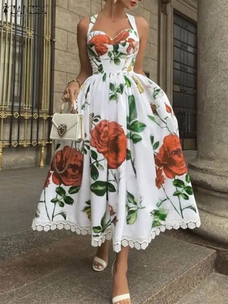 

ZANZEA Woman Floral Printed Maxi Robes 2022 Elegant Party Dating Dresses for Women Sleeveless Vestidos Lace Patchwork Sundress