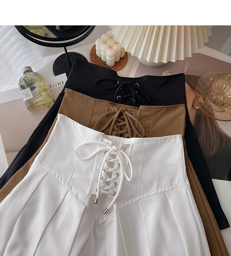 Pleated Skirt Bandage High Waist Skirts Womens Summer 2022 Black Mini Elegant Casual Korean Fashion Clothing White